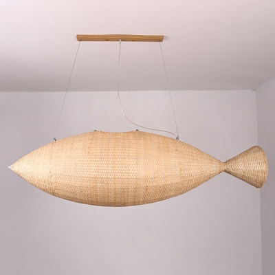 Weaving Fish Shaped Pendant Light Asian Bamboo Restaurant Ceiling Chandelier in Beige