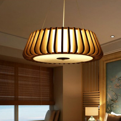 Wooden Drum Shaped Chandelier Lamp Asian 3 Lights Hanging Lighting for Dining Room