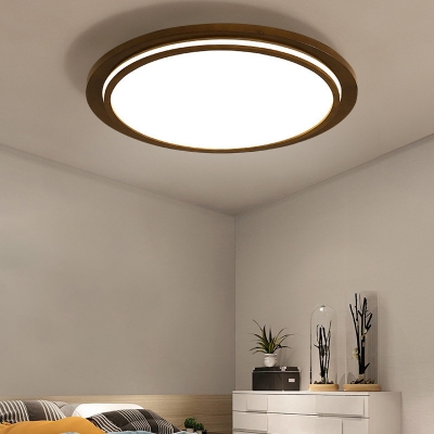 Wooden Round Flush Mount Light Fixture Simple Style Brown LED Ceiling Mounted Light