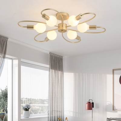 Brass Floral Semi Flush Light Fixture Postmodern Metal Ceiling Light with Bare Bulb Design