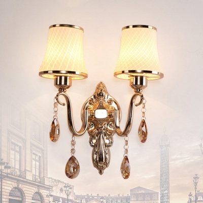 Flared Wall Lighting Fixture Vintage Bronze Lattice Glass Wall Sconce with Crystal Pendalogues
