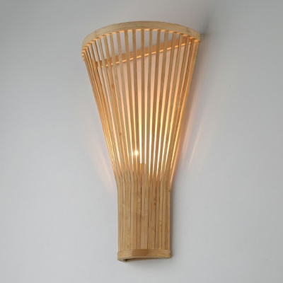 Funnel Shaped Flush Wall Sconce Asian Bamboo 1 Head Wood Wall Mount Light for Stairs