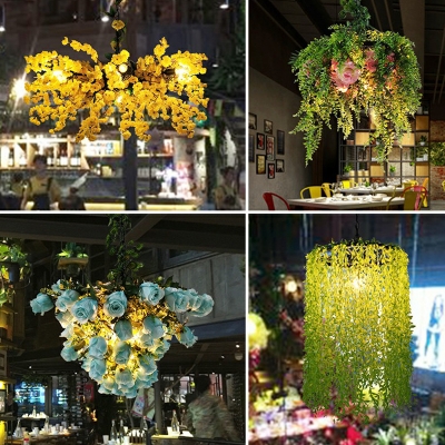 Green Imitation Botanic Chandelier Lamp Country Style Iron Restaurant Hanging Ceiling Light