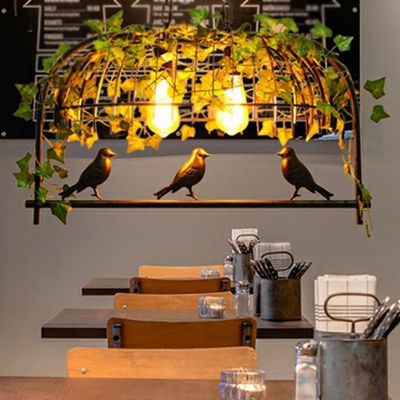 Green Island Lamp Country Style Iron Wire Cage Pendant Light with Artificial Ivy for Restaurant