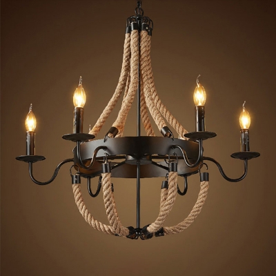 Industrial Candle Style Chandelier Light Iron Suspension Light with Rope Decoration in Black