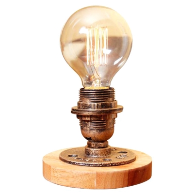 Industrial Water Pipe Table Lamp Single Iron Night Light in Bronze with Wooden Base