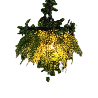 Iron Disc Shaped Hanging Light Rustic Single-Bulb Bistro Ceiling Lamp with Imitation Leaf