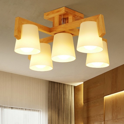 Living Room Chandelier Nordic Wood Ceiling Light with Conic Frosted White Glass Shade