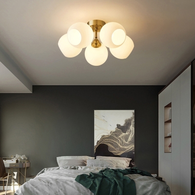 Milk Glass Dome Flush Mount Fixture Minimalist Brass Finish Semi-Flush Ceiling Light for Bedroom