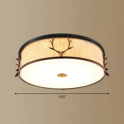 Minimalist Drum Ceiling Mounted Light Fabric Dining Room Flush Mount with Antler Decor