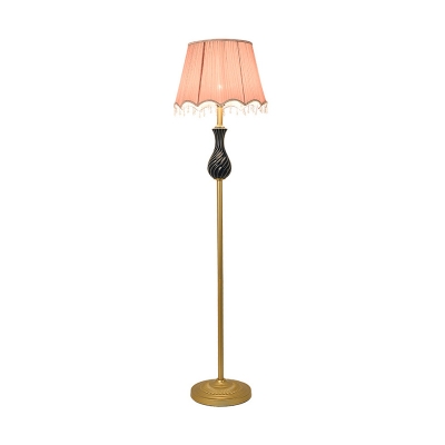Pleated Fabric Pink Floor Light Tapered 1 Bulb Rustic Stand Up Lamp with Wavy Beaded Trim