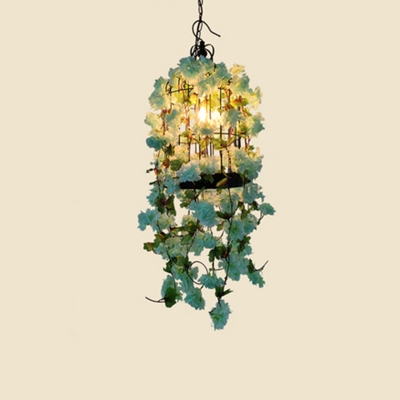Single-Bulb Iron Suspension Lighting Rustic Birdcage Restaurant Chandelier with Flower Deco
