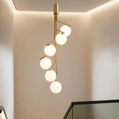 Spiral Stairway Ceiling Light Milky Glass 6-Head Postmodern Pendant Chandelier in Gold