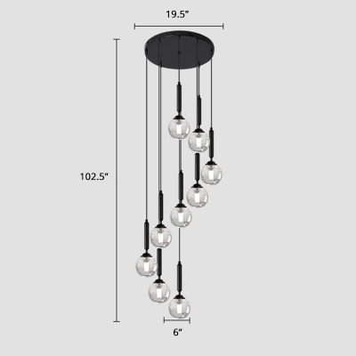 Spiral Stairway Cluster Pendant Clear Ball Glass 9-Light Modern Hanging Light Fixture