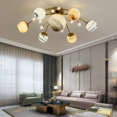 Stained Glass Planet and Star Ceiling Lamp Postmodern Brass Semi Mount Lighting for Living Room