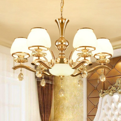 Tapered Shade Up Chandelier Vintage Gold Opaline Glass Pendant Ceiling Light for Living Room