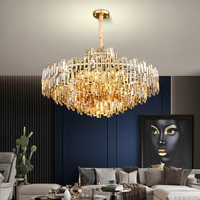 Tiered Tapered Chandelier Modern Crystal Rectangle 6-Bulb Living Room Suspension Light in Gold