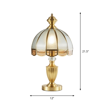 Traditional Dome Table Light 1 Bulb Frosted Glass Nightstand Lamp with Scalloped Edge in Bronze