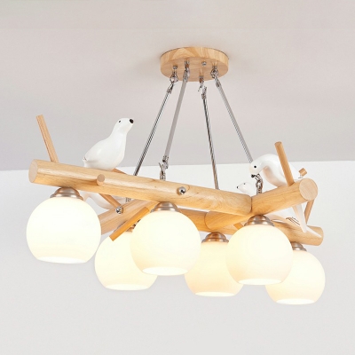 Tree Branch Chandelier Nordic Wooden Bedroom Hanging Light with Dome Milk Glass Shade and Bird Decor