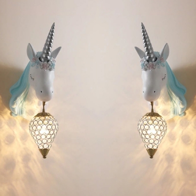 Unicorn Head Wall Lamp Kids Resin 1 Head Girls Room Wall Mount Light with Teardrop Crystal Shade