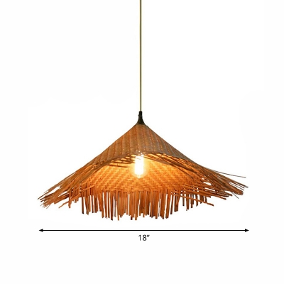 Wood Straw Hat Shaped Pendant Lamp South-East Asia 1-Bulb Bamboo Suspension Light Fixture
