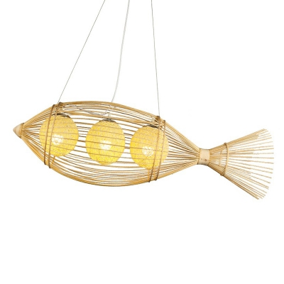 Asian 3-Bulb Hanging Light Wood Fish Shaped Suspension Pendant with Bamboo Cage Shade