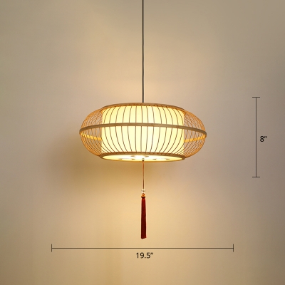 Beige Round Lantern Pendant Chinese Style 1 Bulb Bamboo Hanging Light with Tassel Decor