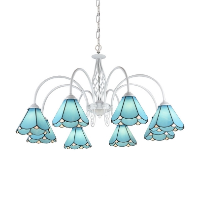 Blue Glass Scalloped Chandelier Light Mediterranean White Suspension Lamp for Living Room