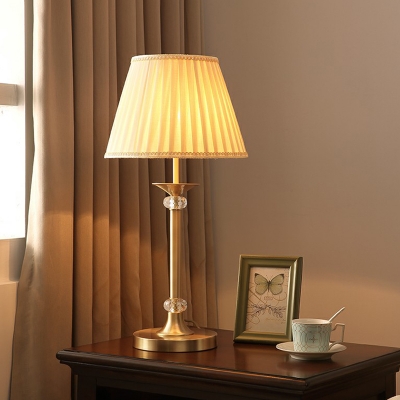 Brass Cone Table Lighting Simplicity 1-Light Gathered Fabric Night Lamp with Braided Trim
