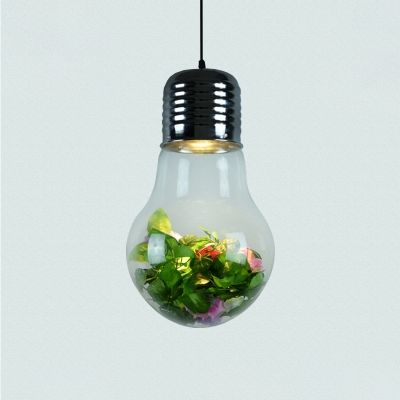Bulb Shaped Clear Glass Mini Pendant Lamp Decorative 1-Light Dining Room Ceiling Light with Plant Deco