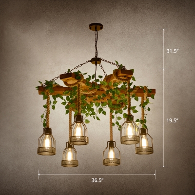 Cage Metal Chandelier Lighting Country Restaurant Suspension Light with Decorative Vine in Wood