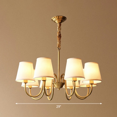 Conical Ceiling Chandelier Modern Fabric Dining Room Hanging Lamp with Curved Arm in Brass