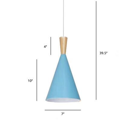 Conical Dining Room Hanging Light Metal 1 Bulb Macaron Suspension Lamp with Wooden Top