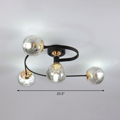 Curly Semi Flush Mount Chandelier Nordic Metallic Bedroom Ceiling Light with Ball Glass Shade