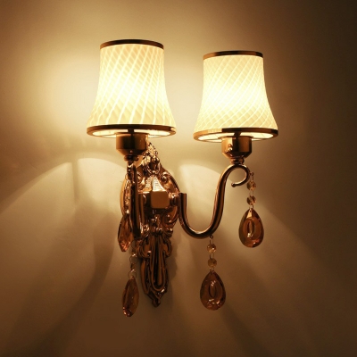 Flared Wall Lighting Fixture Vintage Bronze Lattice Glass Wall Sconce with Crystal Pendalogues