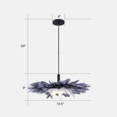 Flat Shade Pendulum Light Nordic Feather 1-Light Bedroom Suspension Pendant Light in Black-Blue