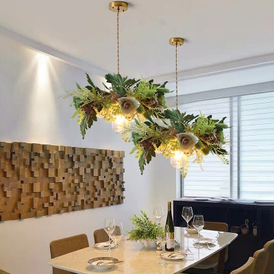 Flower Dining Room Ceiling Light Nordic Carved Glass 1 Bulb Green Pendant Light with Plant Decor