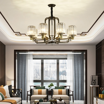 Gold-Black Chandelier Vintage Crystal Prism Cylindrical Pendant Ceiling Light for Living Room