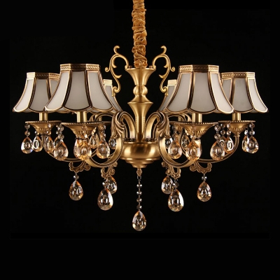 Gold Floral Flared Chandelier Traditional Frosted Glass Living Room Ceiling Light with Crystal Drops