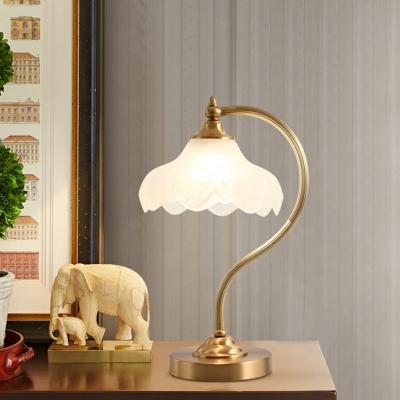 Gold Gooseneck Table Lamp Vintage Metal 1 Head Bedside Night Light with Floral Frosted Glass Shade