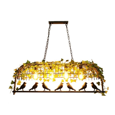 Green Island Lamp Country Style Iron Wire Cage Pendant Light with Artificial Ivy for Restaurant