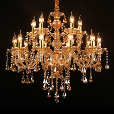 Heritage Candlestick Chandelier Lamp Opulent Amber Crystal Pendant Light Fixture for Living Room