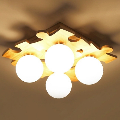 Jigsaw Puzzle Ceiling Light Nordic Wooden Bedroom Semi Flush Mount with Ball Opal Glass Shade