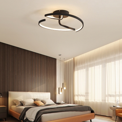 Minimalistic Curve Ceiling Mounted Fixture Aluminum LED Bedroom Semi Mount Lighting in Black