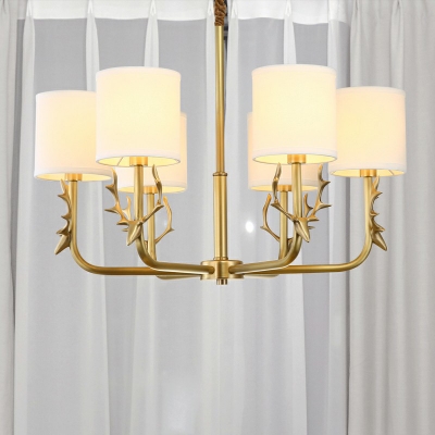 Nordic Cylindrical Chandelier Fabric Dining Room Suspension Light with Antler Deco in Brass