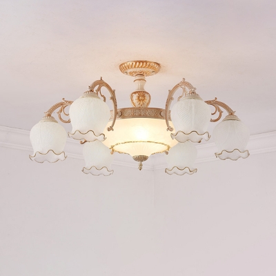Ruffle Carved Glass Semi Flush Light Traditional Living Room Ceiling Light in White and Gold