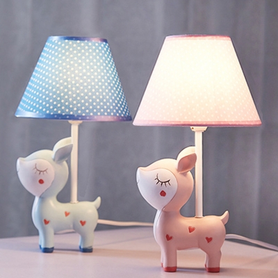 Sika Deer Resin Table Lamp Cartoon 1-Light Night Light with Tapered Print Fabric Shade for Child Room