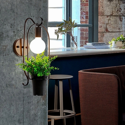 Single Bare Bulb Wall Lighting Industrial Black Metal Wall Lamp with Artificial Pot Plant