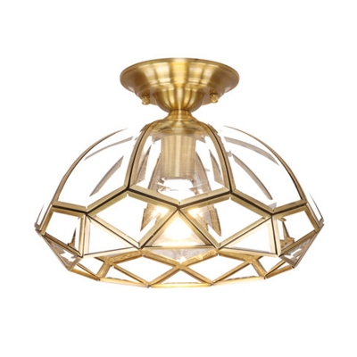 Small Clear Glass Semi Flush Mount Country Style Single Foyer Ceiling Light in Brass