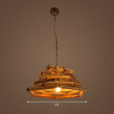 Tapered Restaurant Suspension Lighting Wood Sticks 1 Bulb Rustic Pendant Lamp in Wood